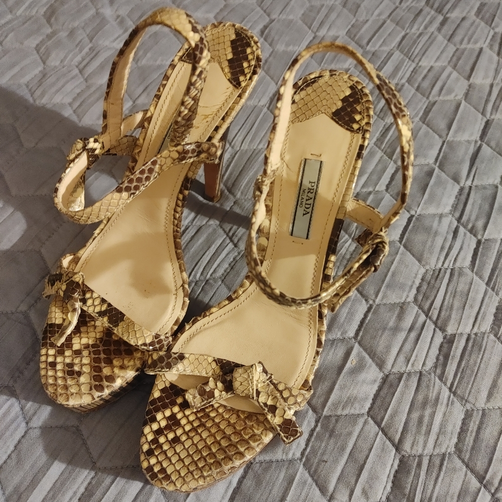 Prada Snakeskin Beige Brown Animal Print Open-Toes -5 inch Heels with Platform .
